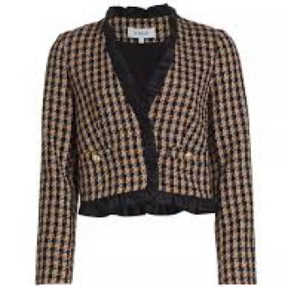 10 Crosby Derek Lam Tweed Checkered Black & Gold Ruffle Blazer size 16 - Picture 3 of 13